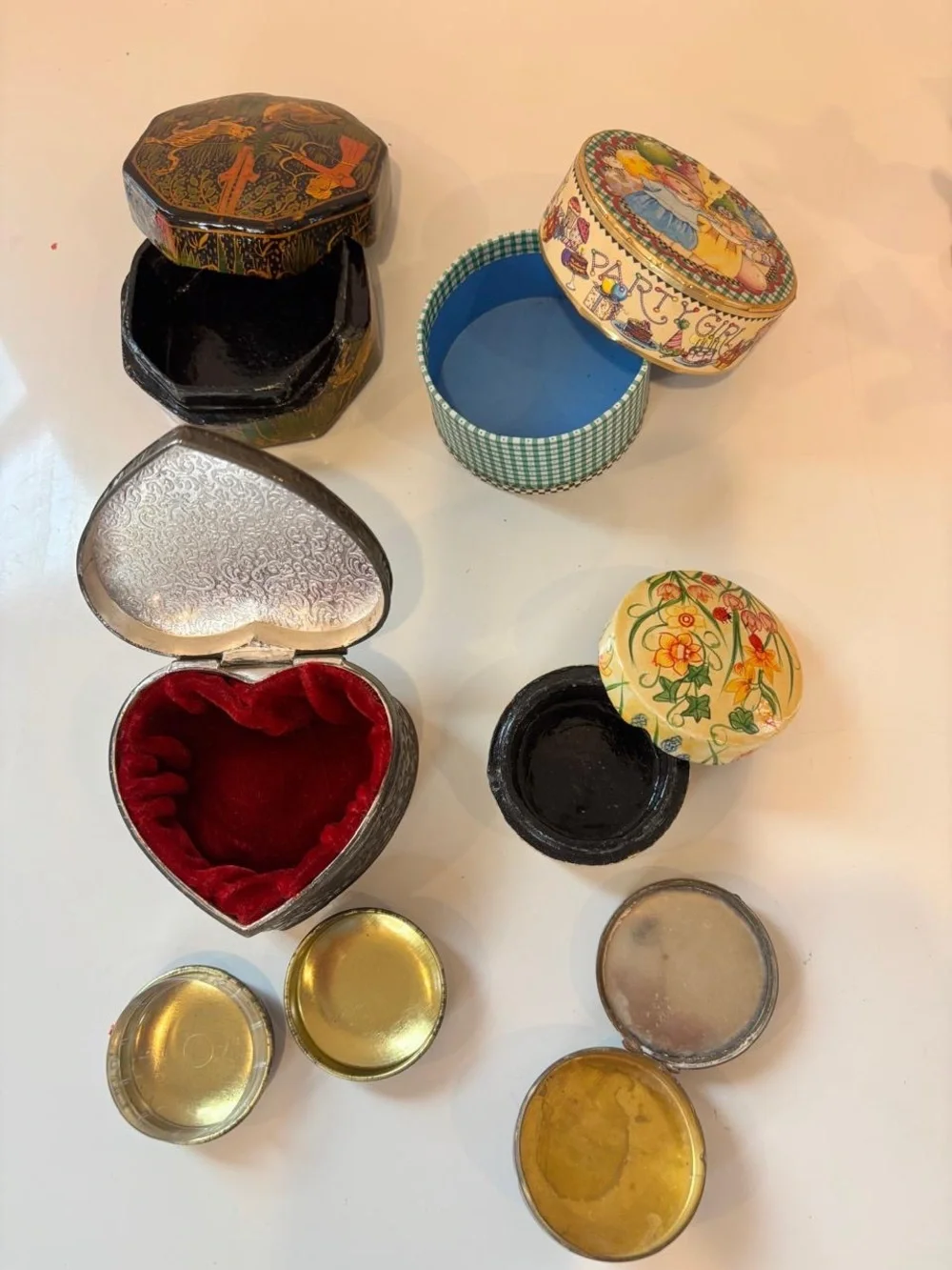 Vintage Box Lot- Kashmiri Papier Mache, Mary Engelbrecht, Heart Velvet, Floral